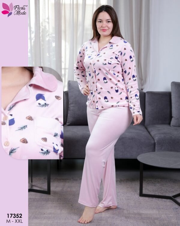 Flora Mode Pyjama velours chemise imprimé – Réf 17352 – Rose pâle