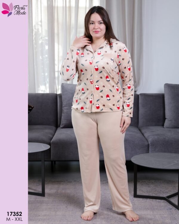 Flora Mode Pyjama velours chemise imprimé – Réf 17352 – Beige
