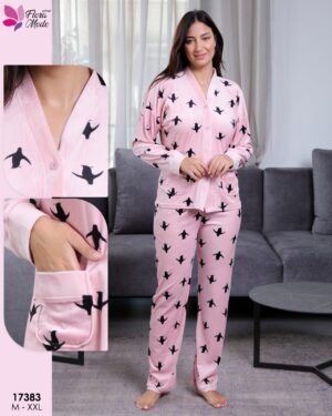 Flora Mode Pyjama velours boutonné imprimé pingouins – Réf 17383 – Rose