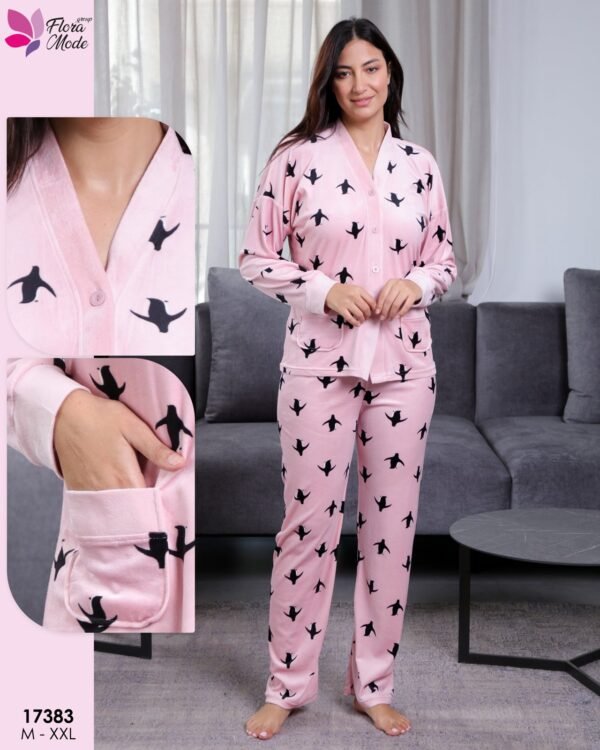 Flora Mode Pyjama velours boutonné imprimé pingouins – Réf 17383 – Rose