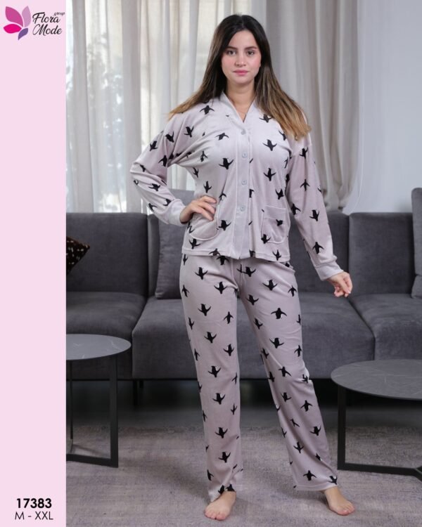 Flora Mode Pyjama velours boutonné imprimé pingouins – Réf 17383 – Taupe
