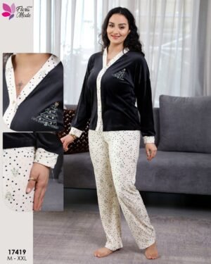Flora Mode Pyjama velours boutonné imprimé – Réf 17419 – Noir et écru