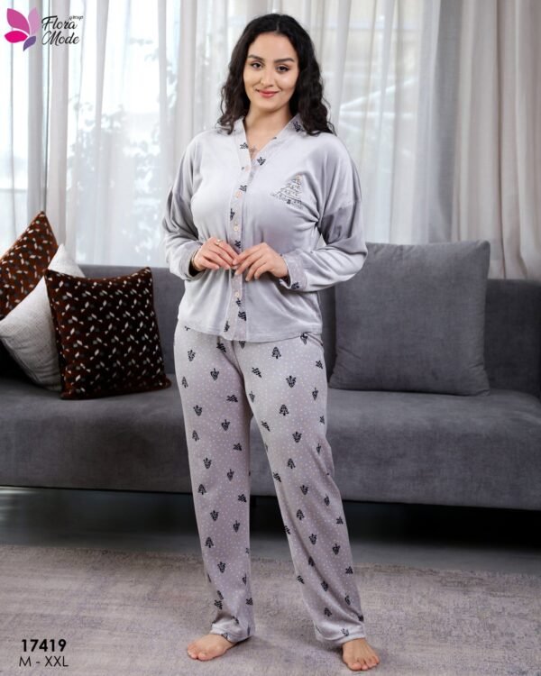 Flora Mode Pyjama velours boutonné imprimé – Réf 17419 – Gris