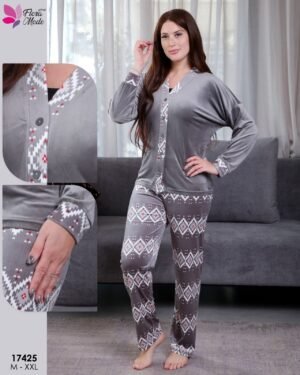 Flora Mode Pyjama velours boutonné jacquard – Réf 17425 – Gris