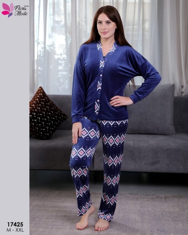 Flora Mode Pyjama velours boutonné jacquard – Réf 17425 – Bleu marine