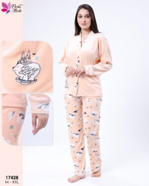 Flora Mode Pyjama velours boutonné imprimé ours – Réf 17428 – Pêche