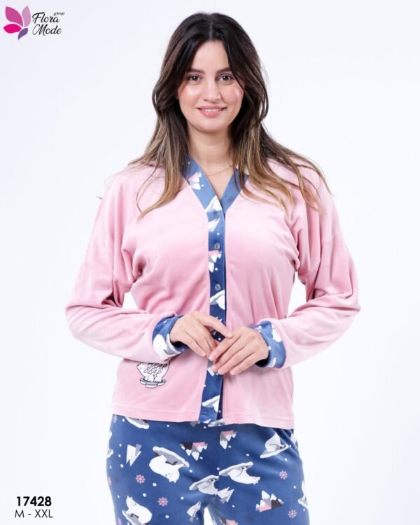 Flora Mode Pyjama velours boutonné imprimé ours – Réf 17428 – Rose et bleu