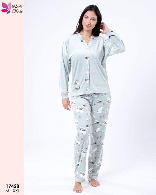 Flora Mode Pyjama velours boutonné imprimé ours – Réf 17428 – Vert d'eau