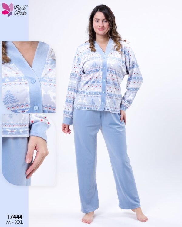 Flora Mode Pyjama velours boutonné jacquard – Réf 17444 – Bleu ciel