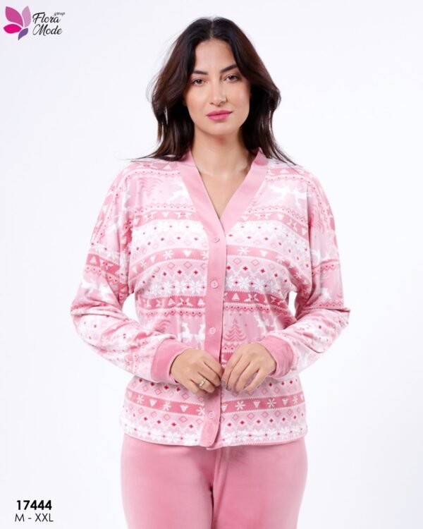 Flora Mode Pyjama velours boutonné jacquard – Réf 17444 – Rose