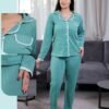 Flora Mode Pyjama chemise côtelé dentelle – Réf 17502 – Vert d'eau