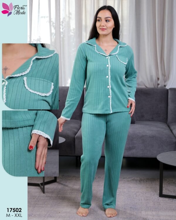 Flora Mode Pyjama chemise côtelé dentelle – Réf 17502 – Vert d'eau