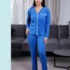 Flora Mode Pyjama chemise côtelé dentelle – Réf 17502 – Bleu roi