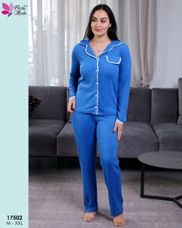 Flora Mode Pyjama chemise côtelé dentelle – Réf 17502 – Bleu roi