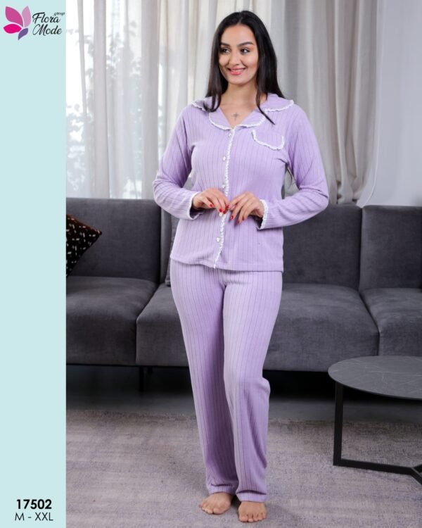 Flora Mode Pyjama chemise côtelé dentelle – Réf 17502 – Lilas