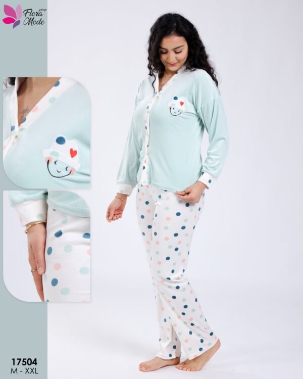 Flora Mode Pyjama velours boutonné à pois – Réf 17504 – Vert d'eau