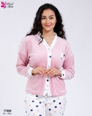 Flora Mode Pyjama velours boutonné à pois – Réf 17504 – Rose