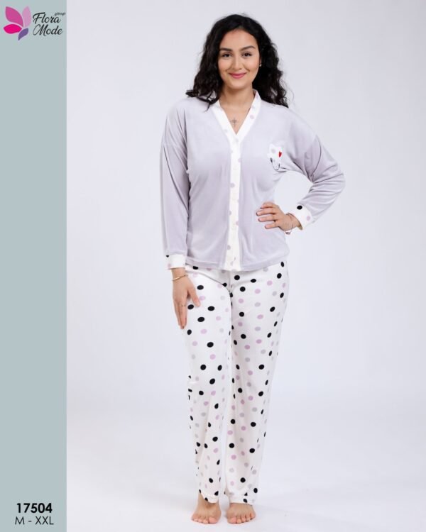 Flora Mode Pyjama velours boutonné à pois – Réf 17504 – Gris clair