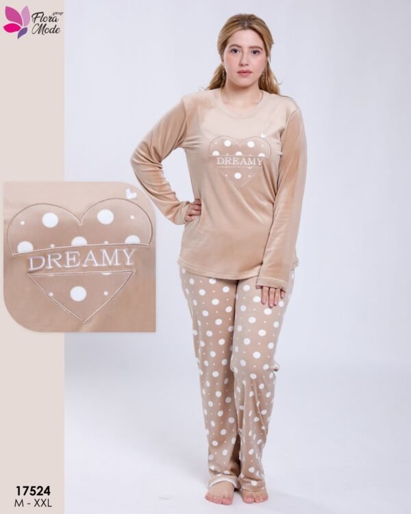 Flora Mode Pyjama velours à pois cœur – Réf 17524 – Beige