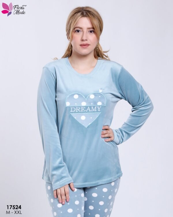 Flora Mode Pyjama velours à pois cœur – Réf 17524 – Bleu ciel