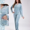 Flora Mode Pyjama velours boutonné dentelle – Réf 17525 – Bleu ciel