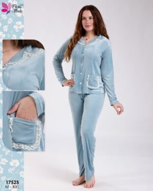 Flora Mode Pyjama velours boutonné dentelle – Réf 17525 – Bleu ciel