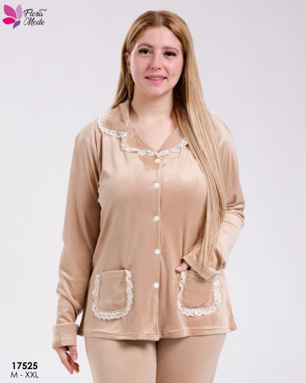 Flora Mode Pyjama velours boutonné dentelle – Réf 17525 – Beige