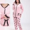 Flora Mode Pyjama velours boutonné imprimé pingouins – Réf 17527 – Rose Flora Mode Pyjama velours boutonné imprimé pingouins – Réf 17527 – Rose
