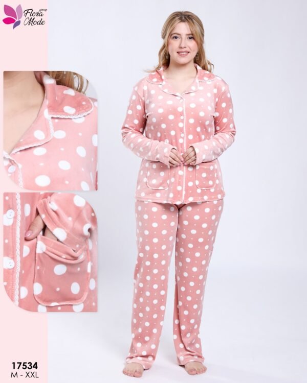 Flora Mode Pyjama velours chemise à pois – Réf 17534 – Corail
