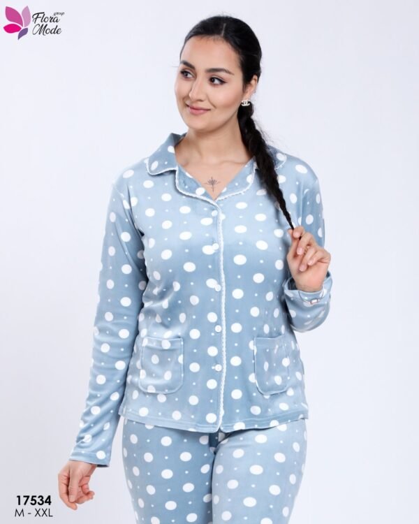 Flora Mode Pyjama velours chemise à pois – Réf 17534 – Bleu ciel