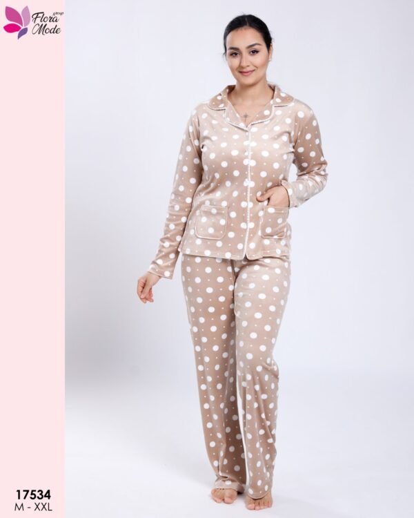 Flora Mode Pyjama velours chemise à pois – Réf 17534 – Beige