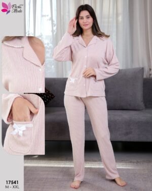 Flora Mode Pyjama côtelé chemise nœuds – Réf 17541 – Rose pâle