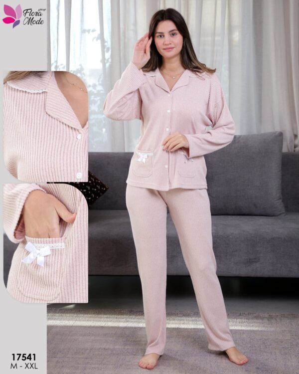 Flora Mode Pyjama côtelé chemise nœuds – Réf 17541 – Rose pâle