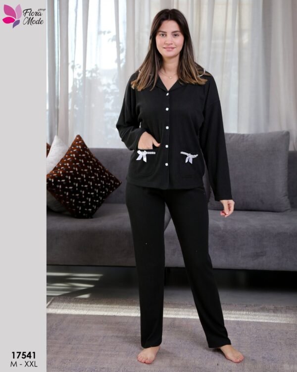 Flora Mode Pyjama côtelé chemise nœuds – Réf 17541 – Noir