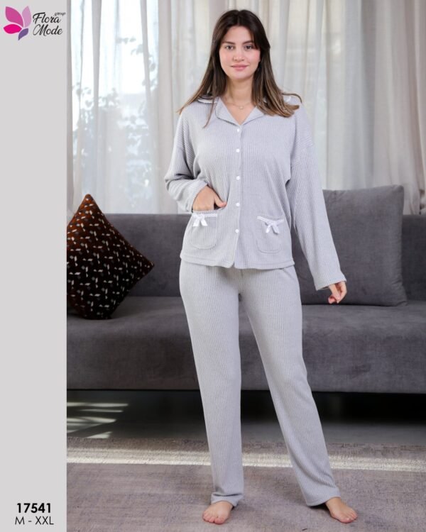 Flora Mode Pyjama côtelé chemise nœuds – Réf 17541 – Gris