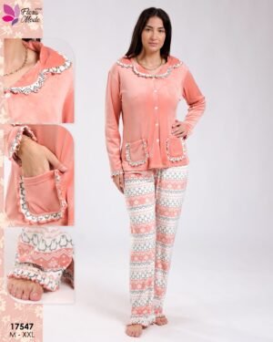 Flora Mode Pyjama velours boutonné jacquard – Réf 17547 – Corail