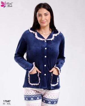 Flora Mode Pyjama velours boutonné jacquard – Réf 17547 – Bleu marine