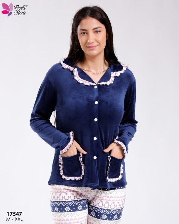 Flora Mode Pyjama velours boutonné jacquard – Réf 17547 – Bleu marine