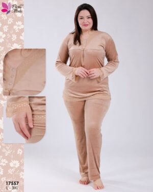 Flora Mode Pyjama velours dentelle – Réf 17557 – Camel