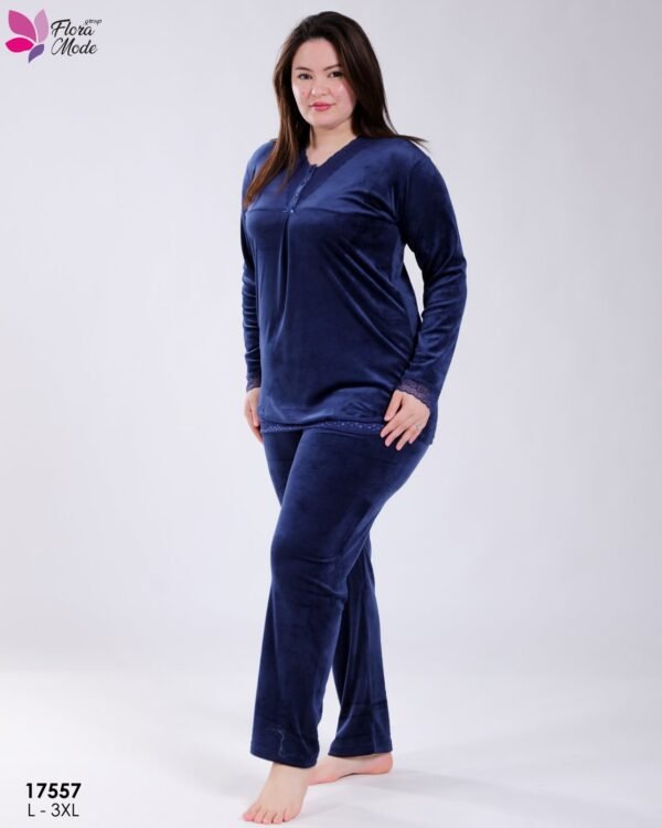 Flora Mode Pyjama velours dentelle – Réf 17557 – Bleu marine