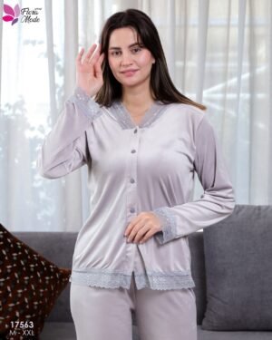 Flora Mode Pyjama velours boutonné dentelle – Réf 17563 – Gris