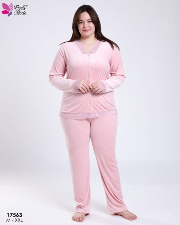 Flora Mode Pyjama velours boutonné dentelle – Réf 17563 – Rose pâle