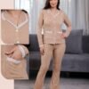 Flora Mode Pyjama côtelé chemise dentelle – Réf 17583 – Camel