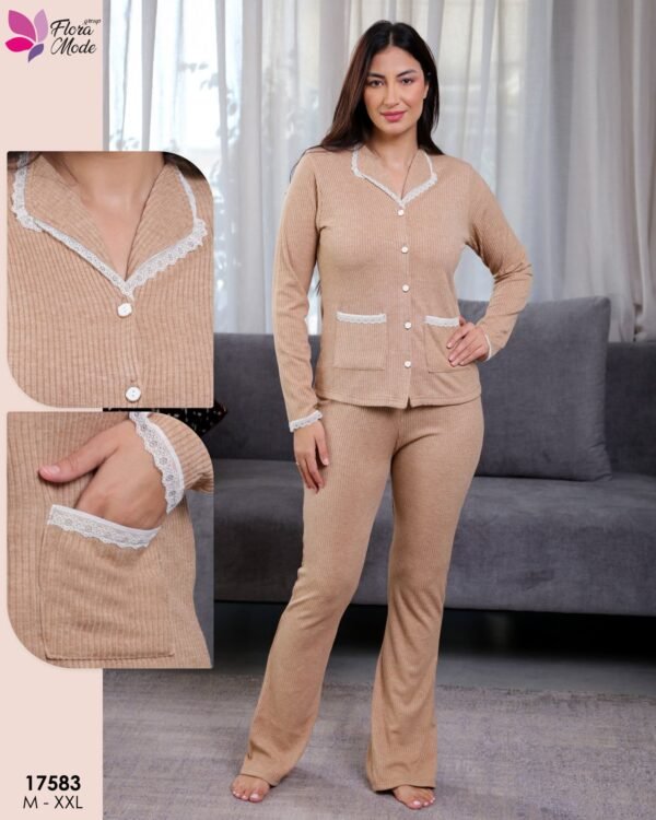 Flora Mode Pyjama côtelé chemise dentelle – Réf 17583 – Camel