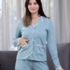 Flora Mode Pyjama côtelé chemise dentelle – Réf 17583 – Vert d'eau