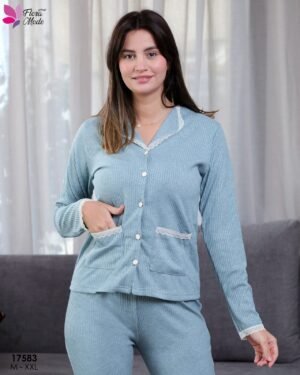 Flora Mode Pyjama côtelé chemise dentelle – Réf 17583 – Vert d'eau