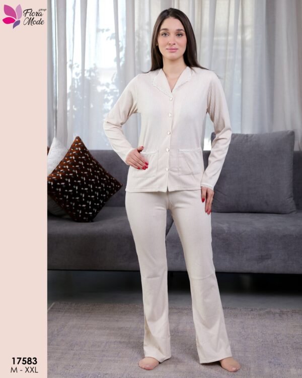 Flora Mode Pyjama côtelé chemise dentelle – Réf 17583 – Écru
