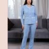 Flora Mode Pyjama côtelé chemise dentelle – Réf 17583 – Bleu ciel