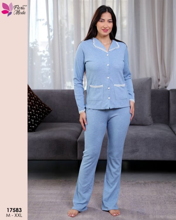 Flora Mode Pyjama côtelé chemise dentelle – Réf 17583 – Bleu ciel