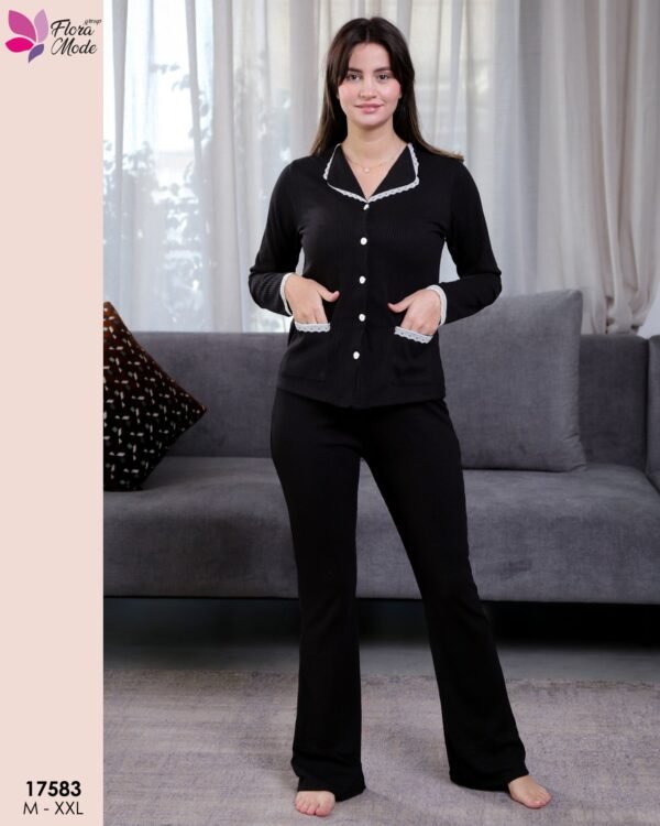 Flora Mode Pyjama côtelé chemise dentelle – Réf 17583 – Noir